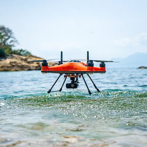 GC3-S Waterproof 3-Axis Gimbal 4K Camera be mounted on SplashDrone 4 that is flying and shooting on sea.