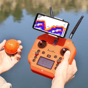 SplashDrone 4 Dronar Fish Finder's detected fish visuals show on the SD4 remote controller.