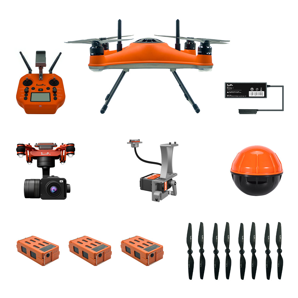 Swellpro SplashDrone 4 Fishing Master Bundle including one set of SplashDrone 4, 1pcs GC3-S 4K camera, 1pcs PL1-S payload release, 1pcs Dronar fish finder, 2pcs extra drone batteries and 2 pairs of extra propellers.