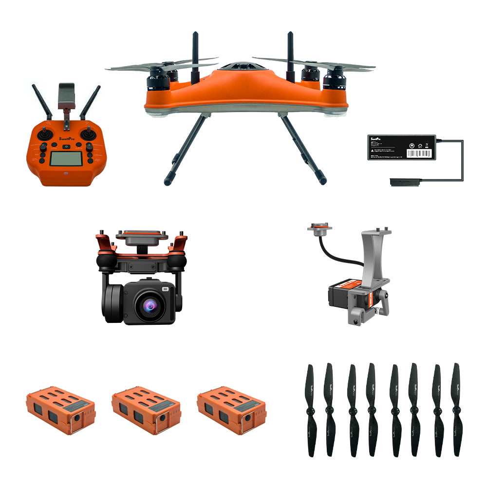 SwellPro SplashDrone 4 Fishing Starter Bundle includes one set of SplashDrone 4, 1pcs GC1-S 4K camera, 1pcs PL1-S payload release, 2pcs extra drone batteries and 2 pair of extra propellers.